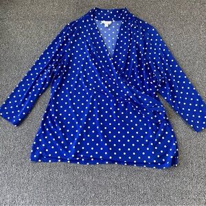 Charter Club Blouse Royal Blue Polka Dot Wrap Style Front Rockabilly Women's 2X
